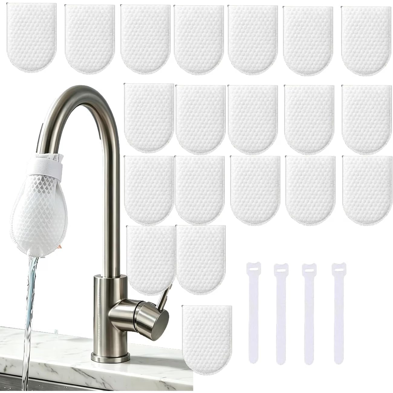 20 Pcs Faucet Filter Bags with 4 Reusable Tie Straps, Universal Kitchen & Bathroom Tap Filter, High-Density Non-Woven Faucet Filter for Trapping Rust, Sediment & Visible Impurities, Easy Installation-image-18
