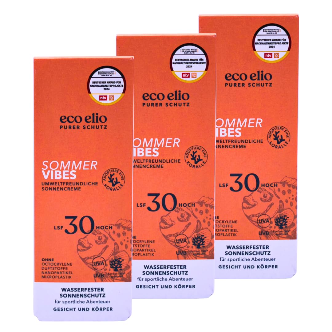 eco elio Sommer Vibes LSF 50, 3x 75 ml I Wasserfeste Sonnencreme mit 5 % Dexpanthenol I Für Sport, Schwimmen & Outdoor I Nicht fettend, ohne Duftstoffe I Spar-Set plus Pharma Perle give-away