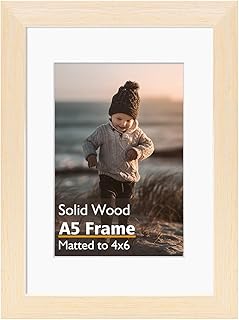 KINLINK A5 Picture Frame, White Oak Solid Wood Frame with Acrylic Plexiglass for Pictures 4x6 with Mat or A5 without Mat, Tabletop and Wall Mounting Display Photo Frame 1 Pack