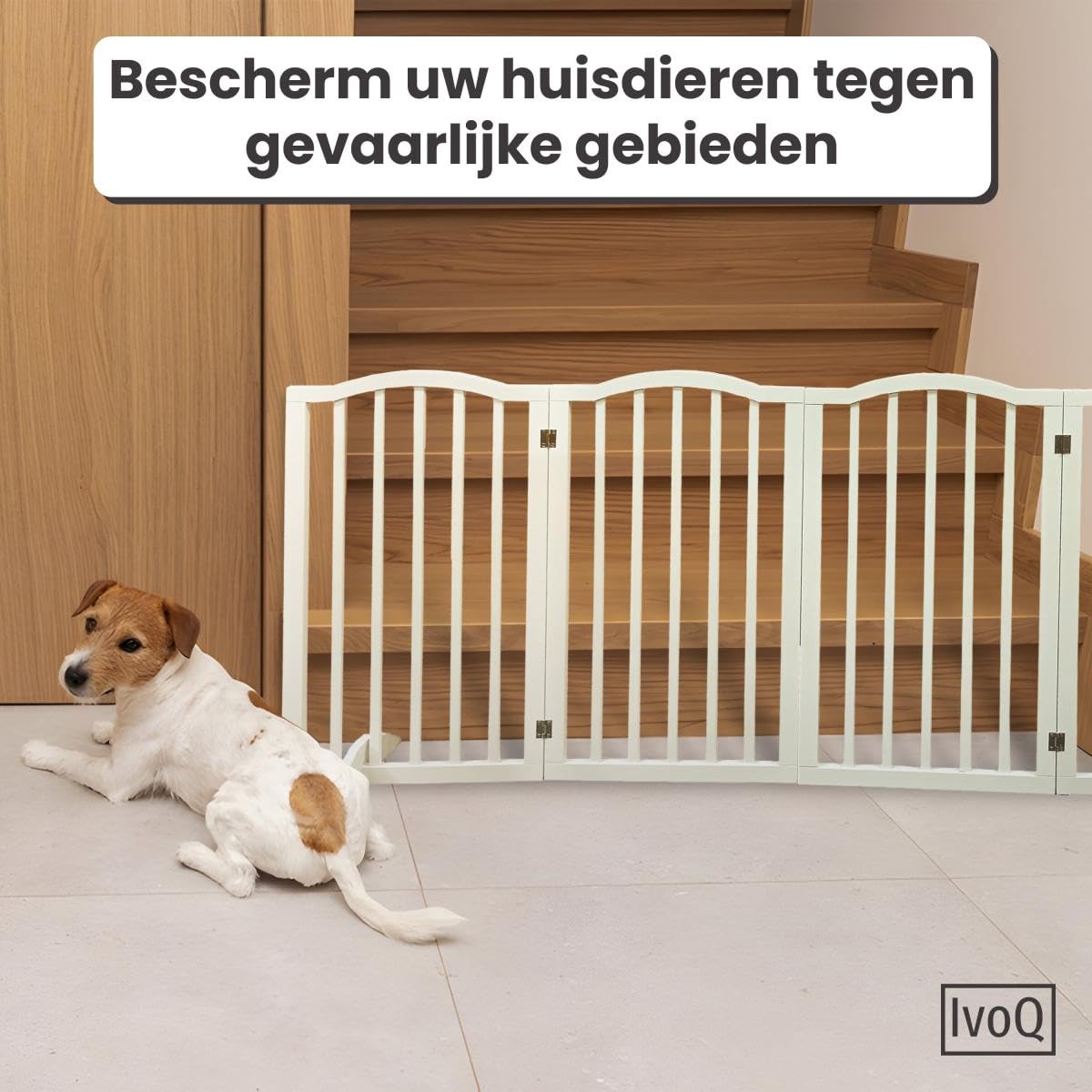 Recinzione di sicurezza pieghevole in legno per animali domestici, griglia autoportante senza fori, 4 pannelli (46-185,5 cm) - MDF bianco, barriera per cani e gatti per porta, corridoio o cucina