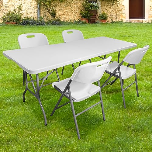 SKYLANTERN Lot Table Pliante et 4 Chaise Pliante Blanches Robustes - Table Exterieur et Chaise Pliante Confortable - Table Camping Pliante avec 4 Chaises...