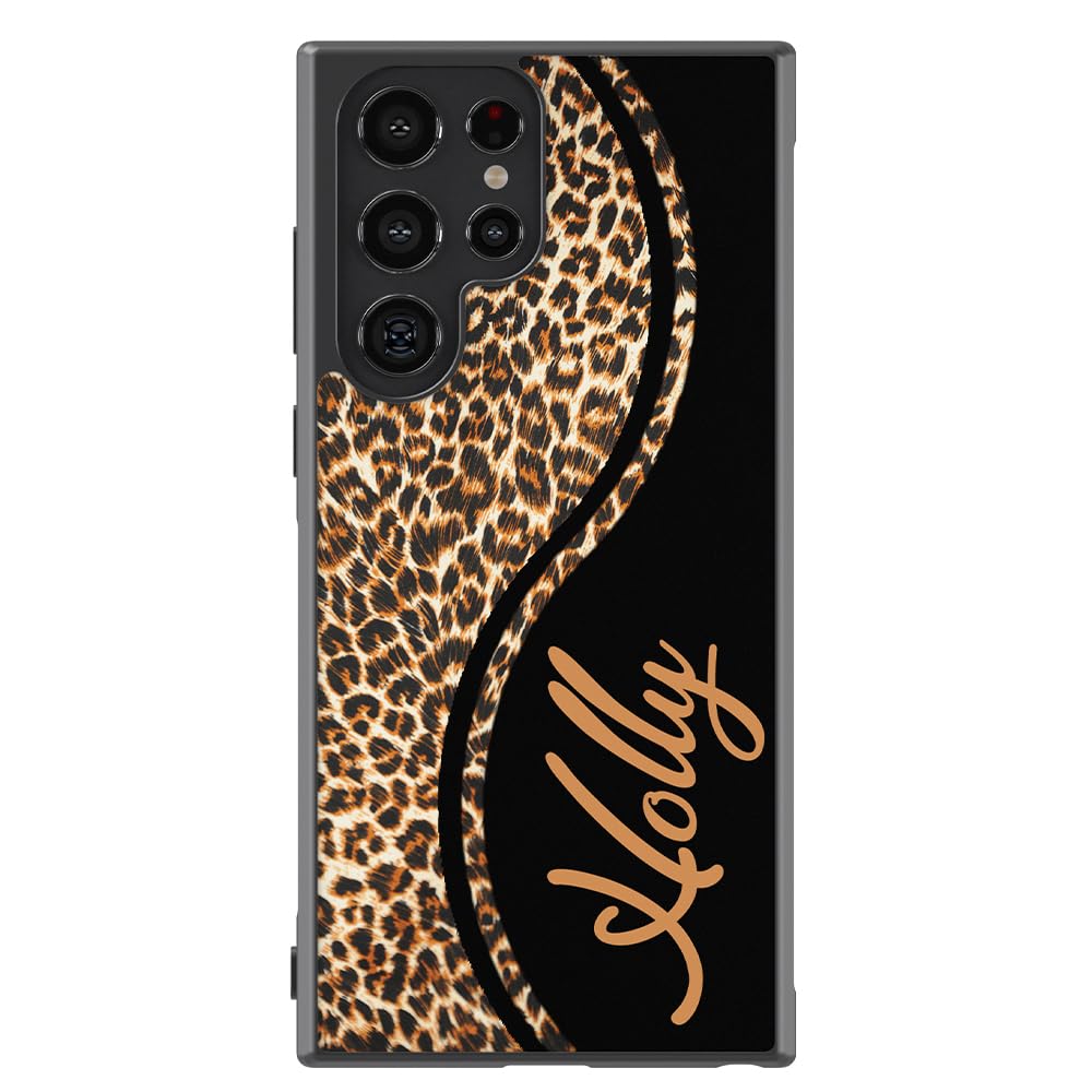 Leopard Skin Personalized Black Rubber Phone Case Compatible With Samsung Galaxy S25 S25FE S25+ S25 Ultra S24 S24+ S24 Ultra S24FE, S23 FE S23+ Ultra S22 S22+
