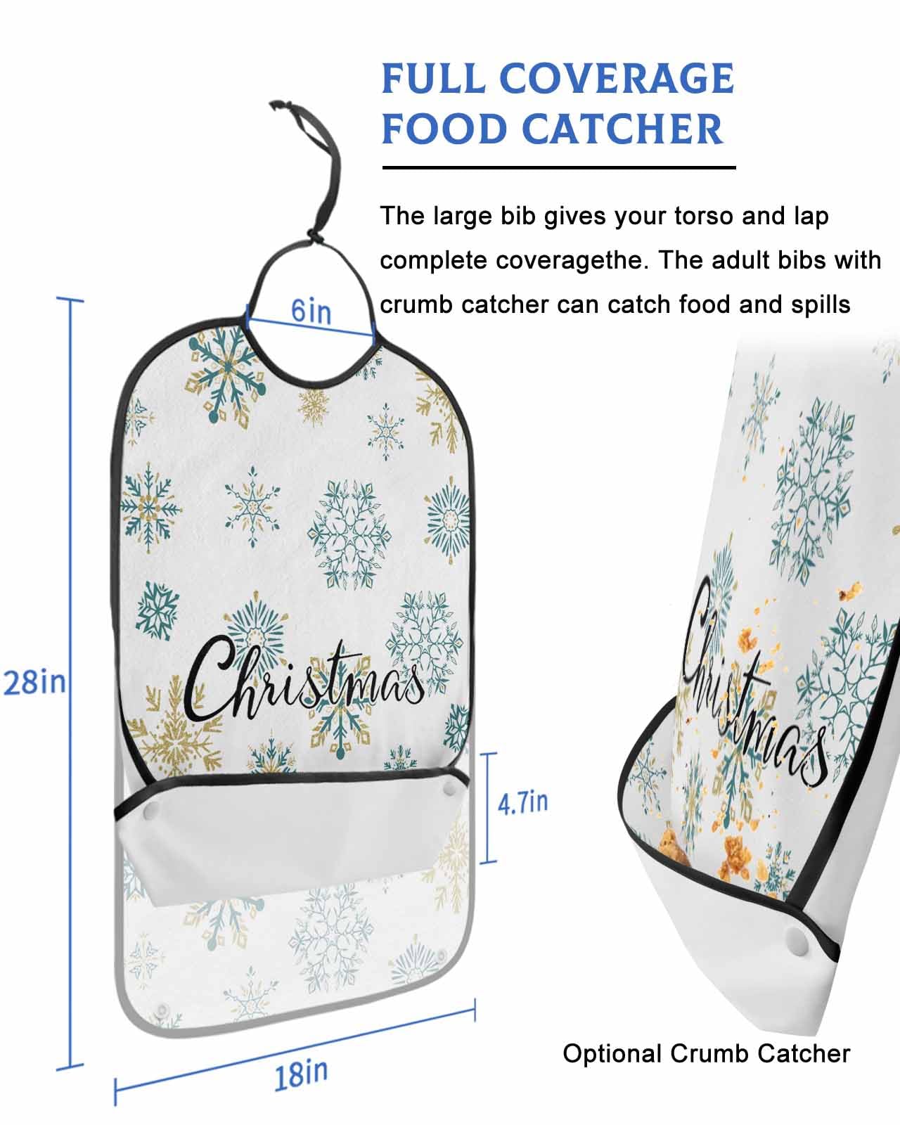 Turquoise Snowflakes Adult Bib for Adults Men, Women, Christmas Modern Gold White Xmas Washable & Adjustable Terry Cloth Bib with Crumb Catcher Reusable Waterproof Clothing Clothes Protector Apron