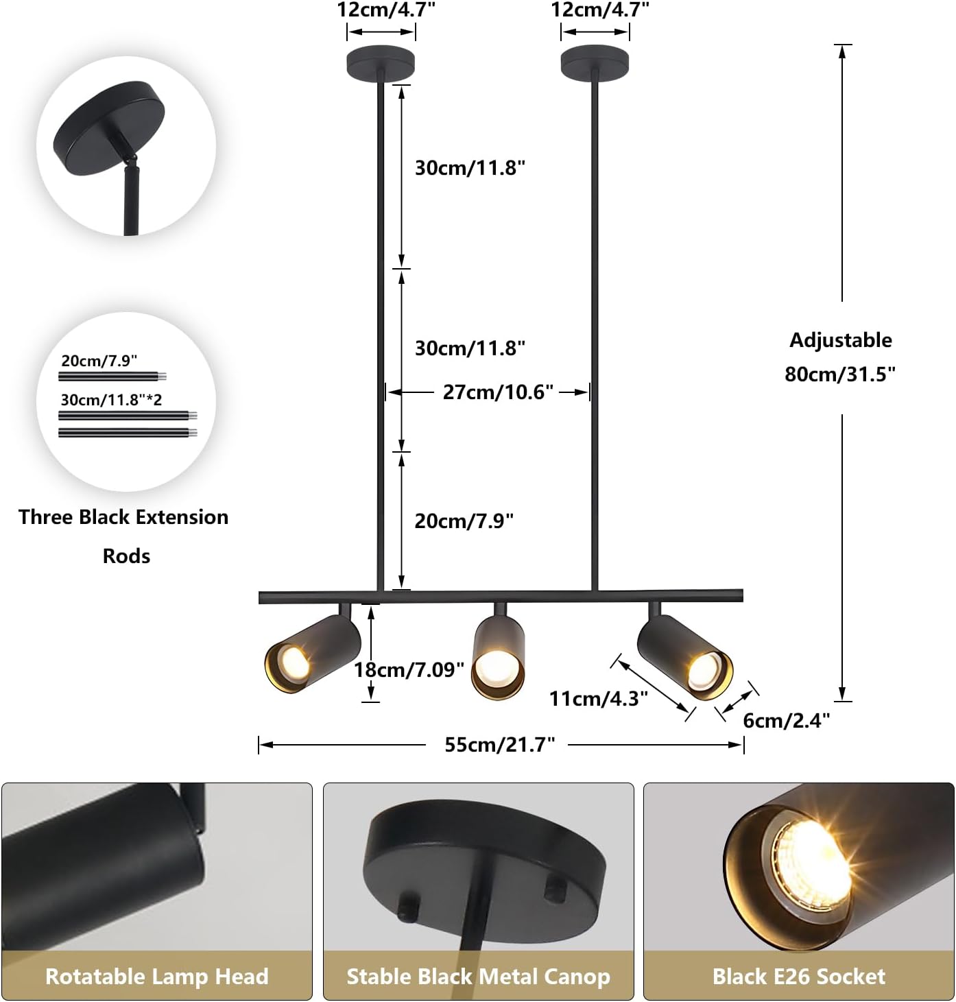 BOKT Modern 3-Light Hanging Track Lighting Fixture Black Metal Track Lights Kit Mid Century Industrial Ceiling Spot Lights Indoor Adjustable Vanity Pendant Track Lighting