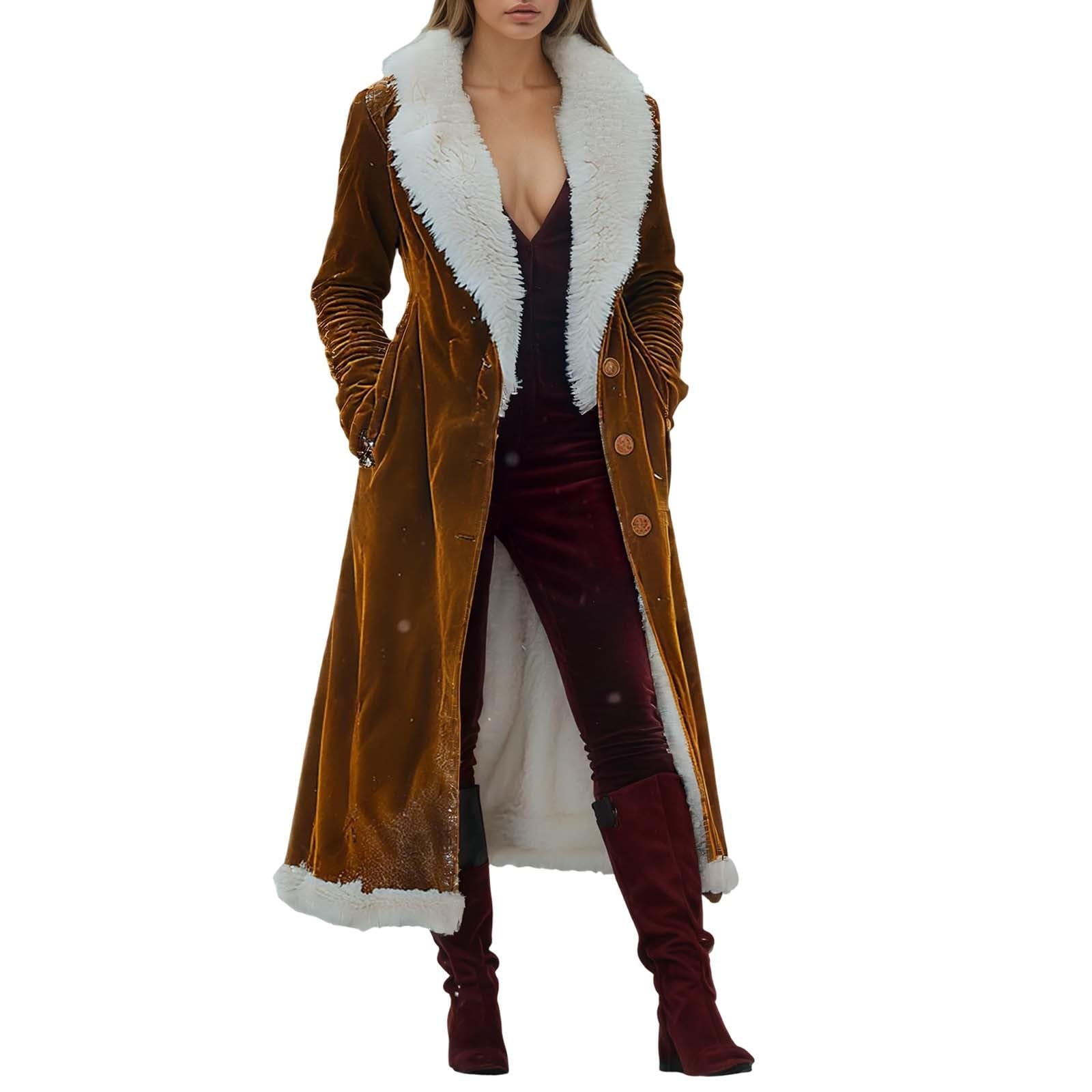 Generisch Trechcoat Damen Lang Mantel Herbst Winter Fleece Übergangsmantel Gefüttert Wintermantel Wollmantel mit Knöpfen Windjacke Retro Western Cowboy Windbreaker Übergangsjacke