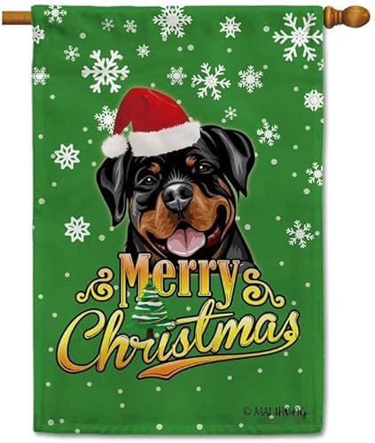 MALIHONG Bandera de casa de perro con texto en inglés Merry Christmas Rottweiler con sombrero de Papá Noel verde para decoración de interiores y