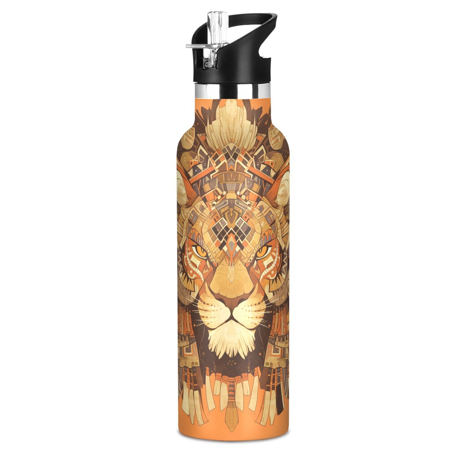Kaaviyo Boys Pattern Majestic Lion Head Orange Water Bottle Stainless Steel Jug Insulated Vacuum Cup For Girls(600Ml)