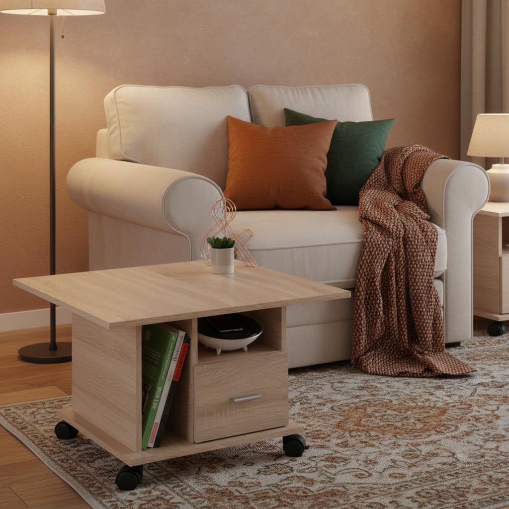 ACTIVO 1 Couchtisch auf Rollen in Eiche Sonoma Optik - Mobiler Sofatisch mit Schublade - 70 x 45 x 70 cm (B/H/T)