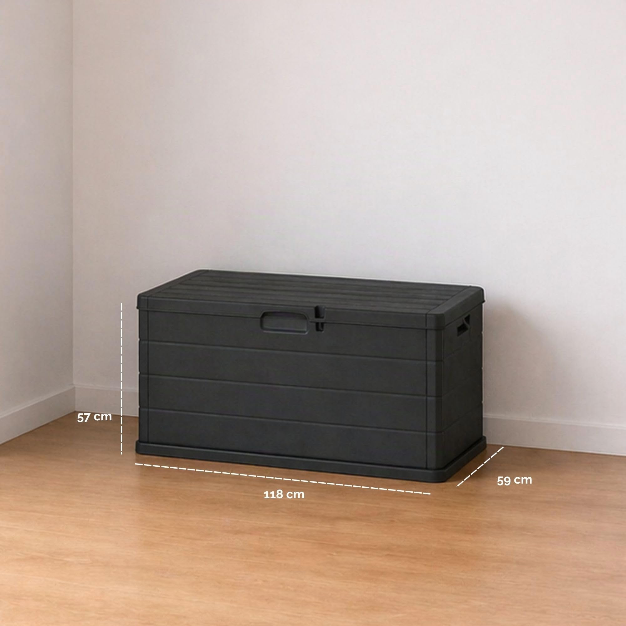 Maury's Aufbewahrungsbox für den Garten, 340 Liter, Holzoptik, Aufbewahrungsbox aus Kunstharz, Anthrazit, Maße 118 x 59 x 57 cm, für den Außenbereich und Innenbereich, UV-beständig