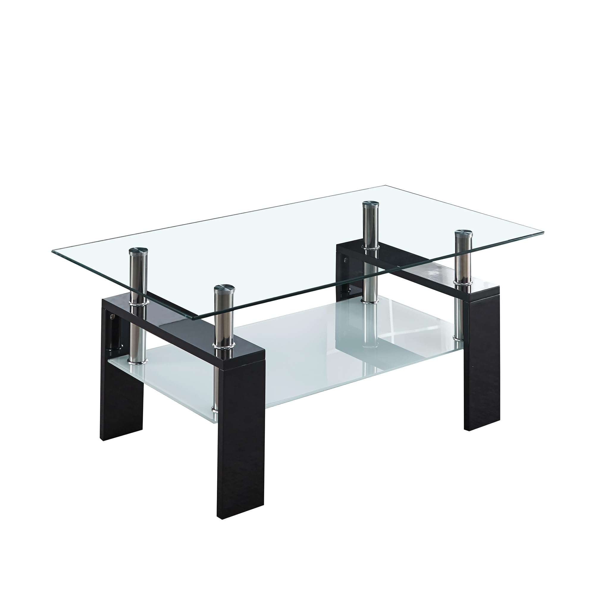 ModaWhly 2-Tier Glass Coffee Table, Rectangle Center Table with Double-Layer Tempered Glass Storage Space and Black MDF Legs, Modern Living Room Table