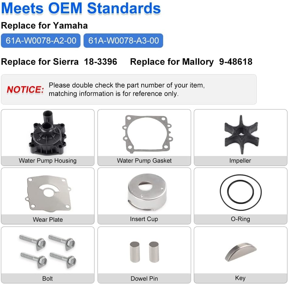 Tcess Compatible with 61A-W0078-A3-00 Impeller Water Pump Kit with Housing Yamaha 61A-W0078-A2-00 Outboards 150 175 200 225 250 300 HP Sierra 18-3396