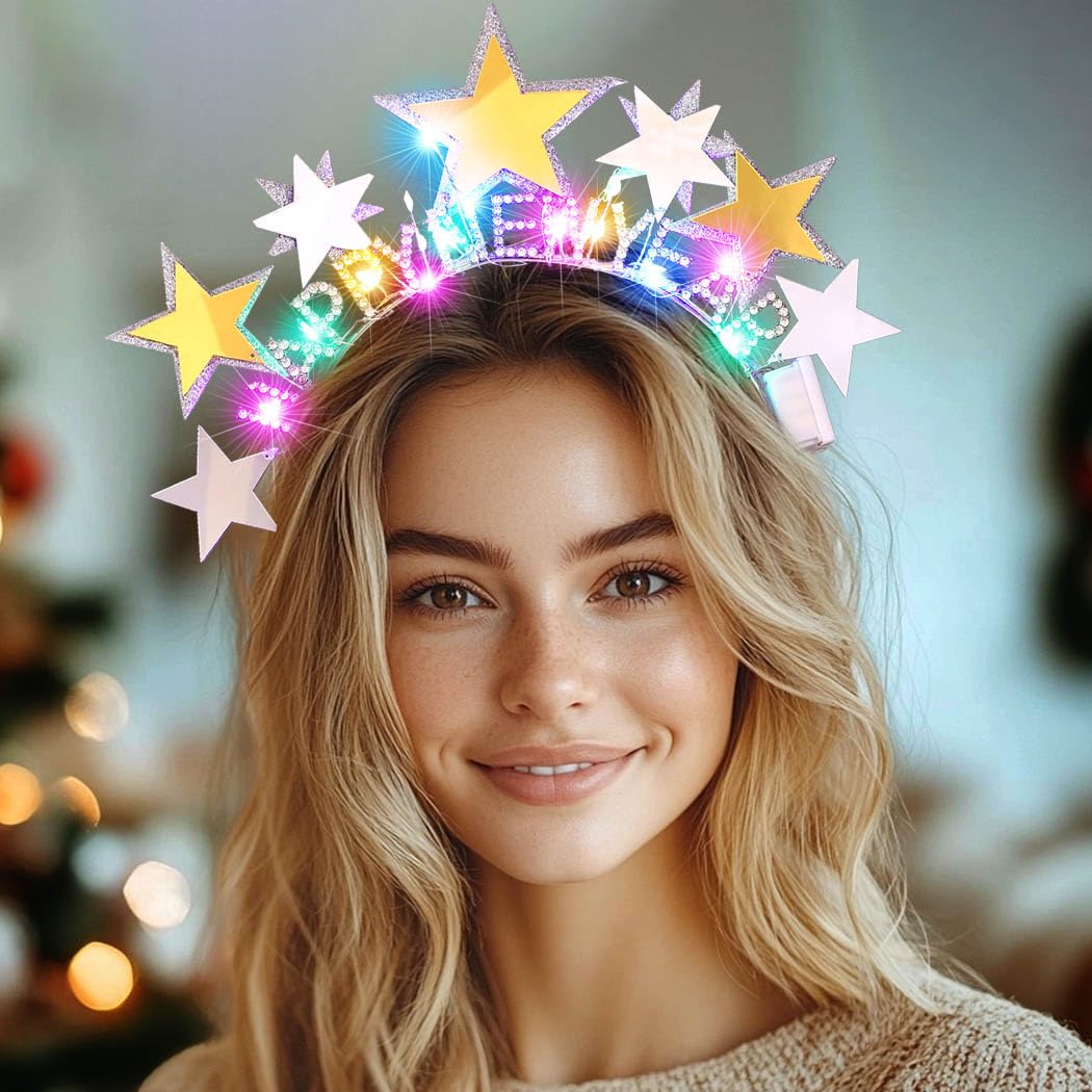 Reaky Light Up New Years Headbands Gold Star Headpiece Happy New Year Headband Christmas Accessories for Women (Silver, one size) - Image 2