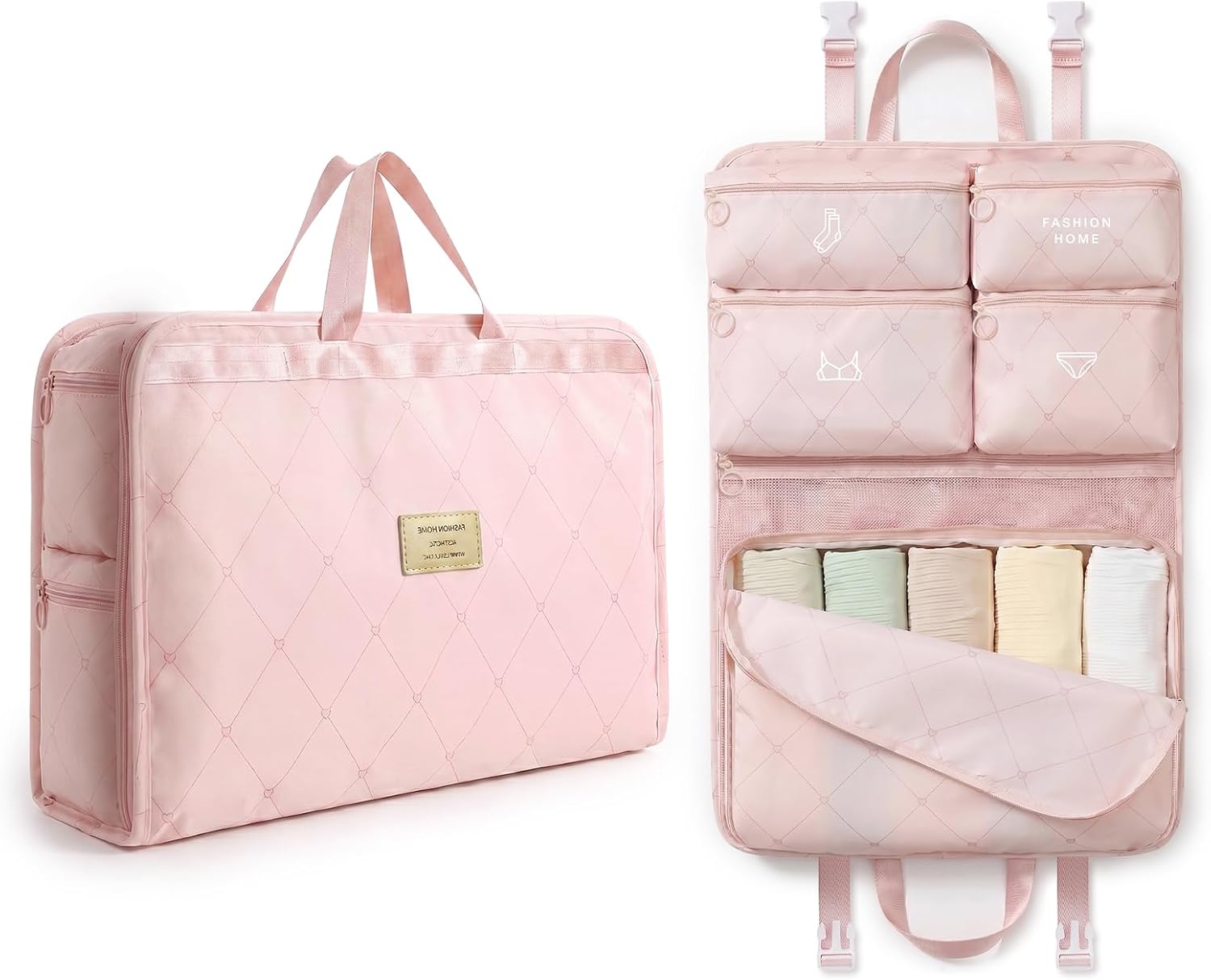 7-in-1 Travel Organizer Bag, Hanging Packing Cube with 6 Pockets, Compression Storage Bag with Trolley Sleeve, Machine Washable Luggage Organizer for Clothes,Underwear,Socks & Essentials (Pink)