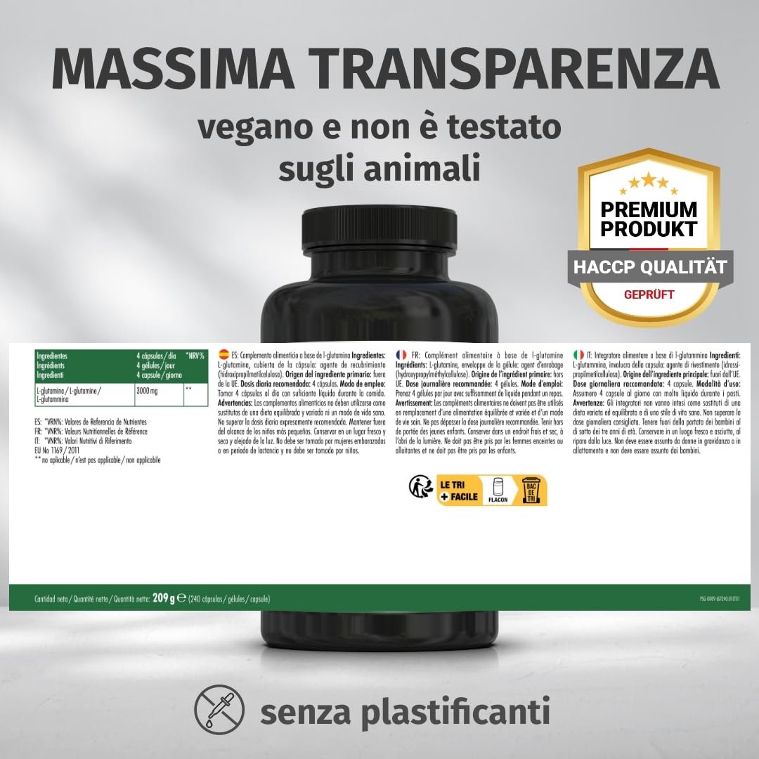 Green Naturals® L-Glutammina – Alto dosaggio 3.000 mg per dose giornaliera – Aminoacido puro in forma libera da fermentazione naturale – 100% vegana & senza additivi – 240 capsule (60 giorni)