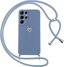 Case for Samsung Galaxy S21 Ultra 5G with Rope, Soft Silicone Case with Heart Pattern with Adjustable Hanging Cord Strap, Anti-Shock, Anti-Scratch Neck Chain Case, Blue