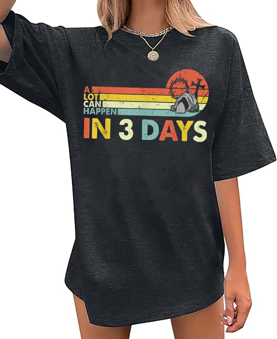 Oversized Christian T-Shirt Women a Lot Can Happen in 3 Days Inspirational Letter Print Shirt Jesus Easter Tee Tops
