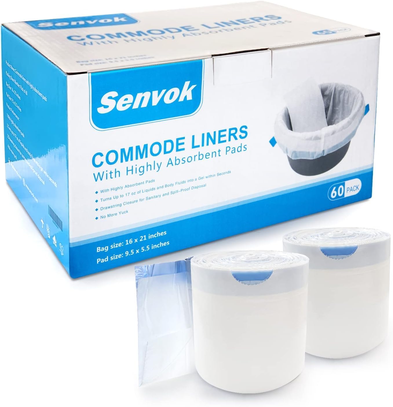 Commode Liners with Absorbent Pads [Pack of 60] Leak