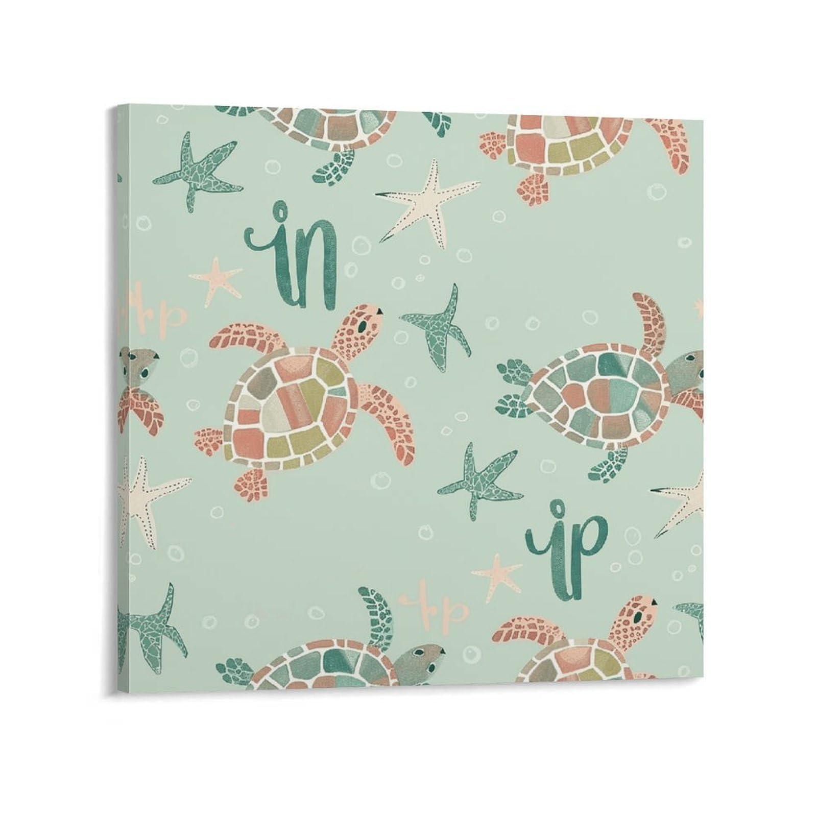 KLOPH Blue Turtle Pattern Canvas Wall Art for Living Room 10x10inch Modern Artwork Painting for Bathroom Hanging Canvas Prints Aesthetic Wallart for Bedroom Kitchen Office Wall Decor