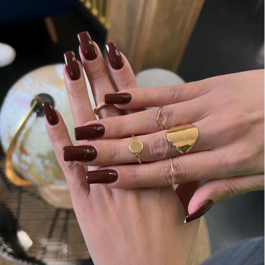 SXVME Long Press on Nails Square, Brown False Nails Medium Long Coffin, Glazed Acrylic Fake Nails Press on - Image 3