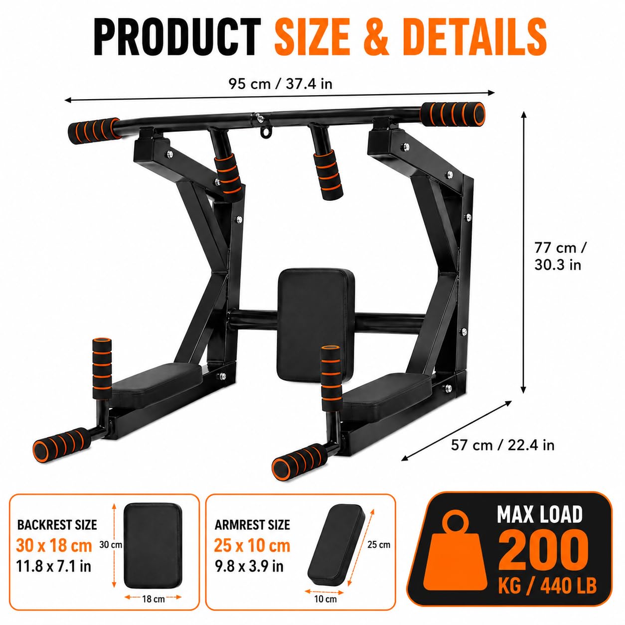 Barra de tracción 4 en 1 para montaje en pared, aptitud para montaje en pared, soporte de pared, estación de dip para gimnasio en interior en casa, asas antideslizantes, Max 200 kg, negro