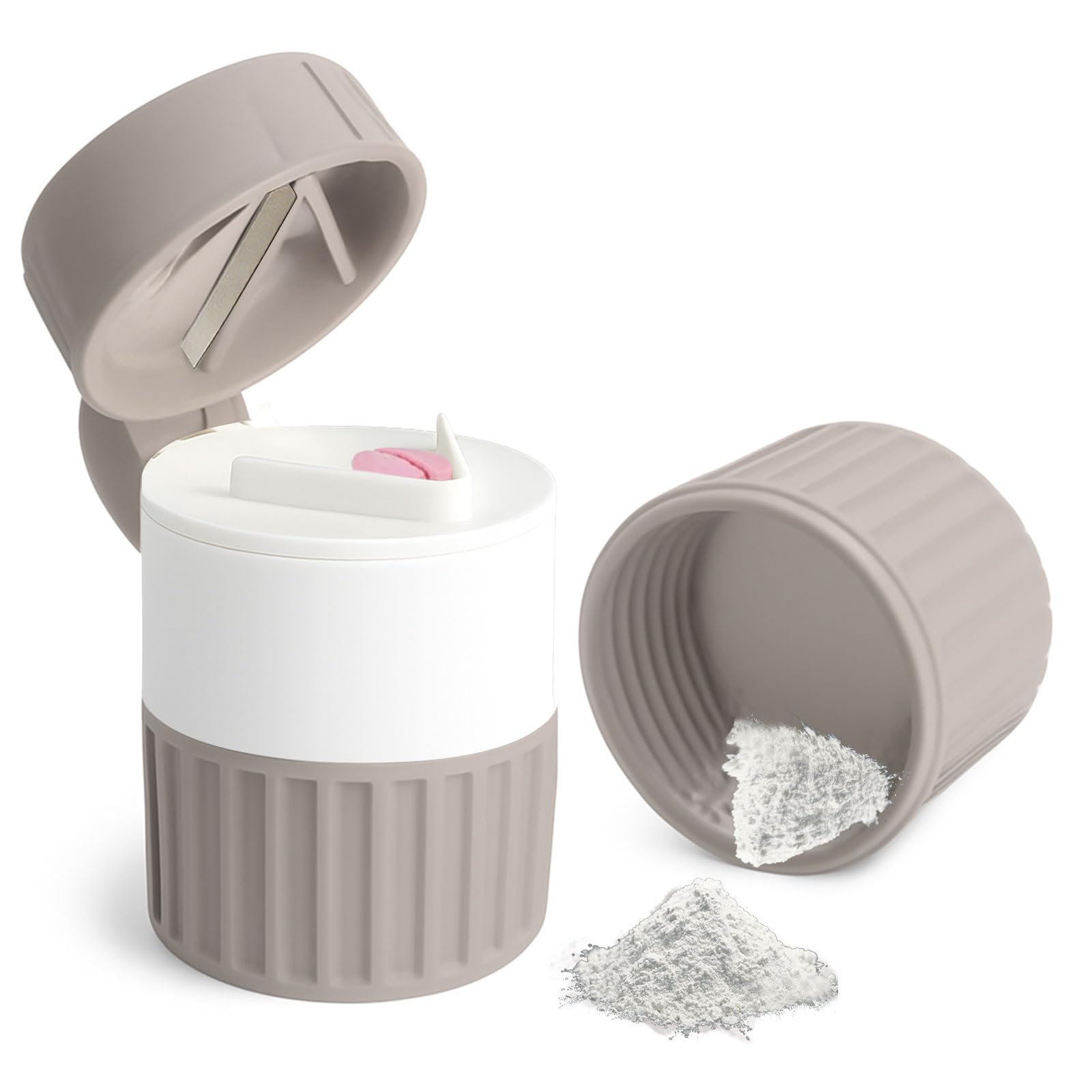 Tablettenmörser 4-in-1, Tablettenschneider mit Aufbewahrung, Tablettenzerkleinerer zum Tabletten zerkleinern, tragbarer Tablettenzerkleinerer für Zuhause & Reise (grau)