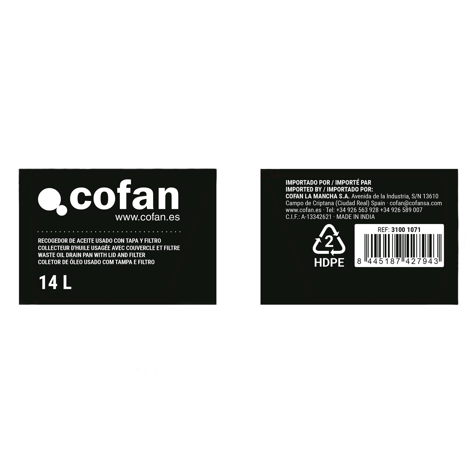 COFAN Huile RECOGEDOR DE huile USADO CON TAPA Y FILTRO 14 L