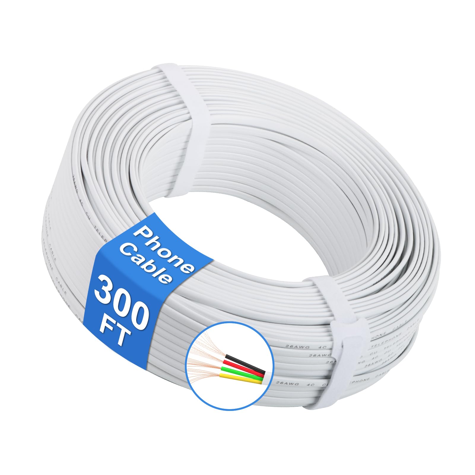 Uvital Cable plano de teléfono de 100 m, cable de extensión de teléfono blanco de 4 x 1/0,4 mm, 26 AWG, con cable de cobre sólido de 4 núcleos, cable de línea telefónica compatible con conector RJ11