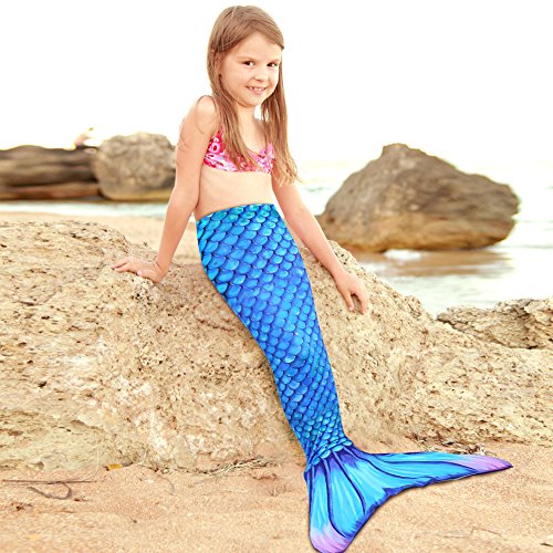 Play Tailor Mermaid Tail Swimmable Costume Swimsuit for Girls Swimming, No Monofin, Child-6, Green Cyan Blue - Thumbnail 6