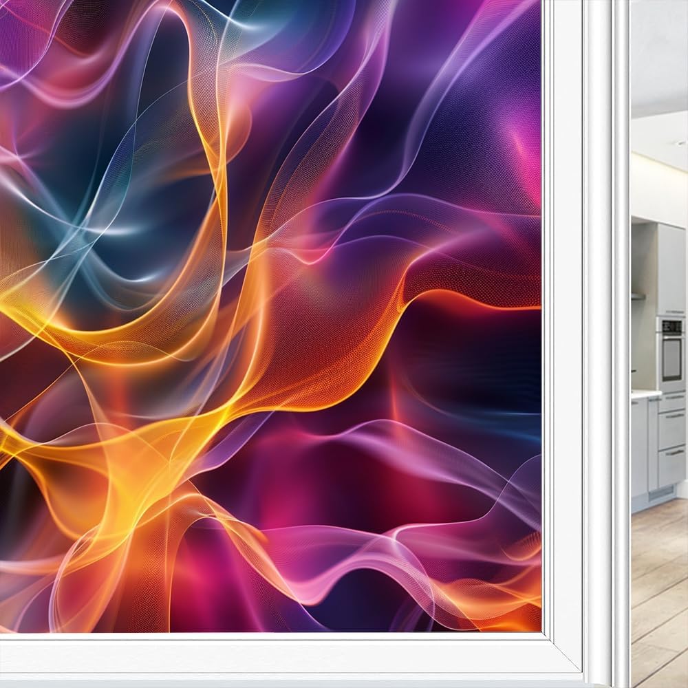 Abstract Line Textures Stained Glass Window Stickers Colorful Waves Picture Privacy Window Film Glass Door Covering Self-Adhesive Decals for Bathroom Kitchen 27.6Wx39.4L inch