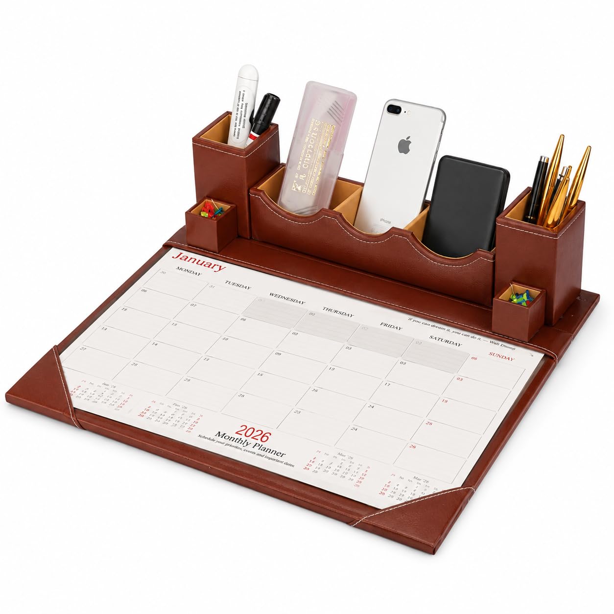 panku® Desk calendar July 2026 to December 2027 Faux Leather Brown Paper/Memo/Phone/Card Holder Desk Table Organizer Office Supply Stationery with Planner Pack of 1 2