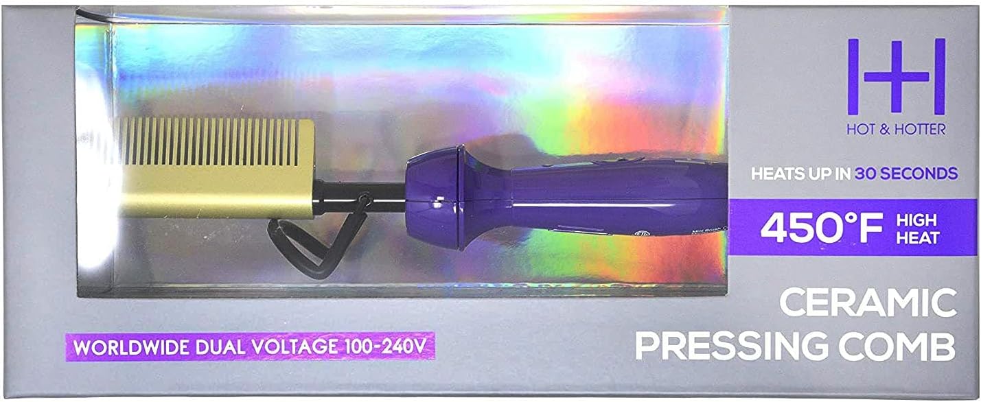 Hot & Hotter - Ceramic Electrical Pressing Comb - Purple & Gold - Up to (450) - (360) Swivel Cord - Worldwide Dual Voltage