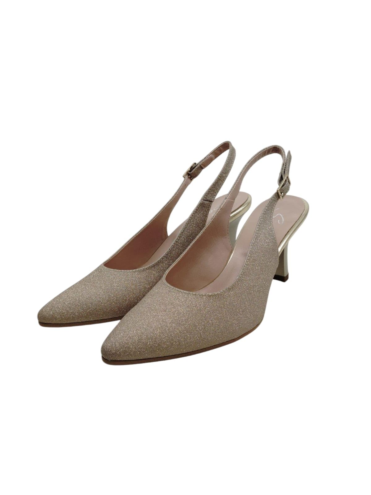 Generico Sofia 8017 Scarpe Eleganti da Donna con Tacco, Slingback Glitterato Champagne o Argento, Tacco a rocchetto 6 cm