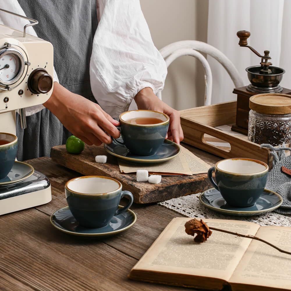 SHUER Ceramic Cappuccino Cup Set of 4, 11.2 OZ Cups and Saucers Set,Coffee Mocha Cup Sets,Black Coffee Cups and Glaze Americano Mug Great for Party and Low Tea Time (Blue 320ml)