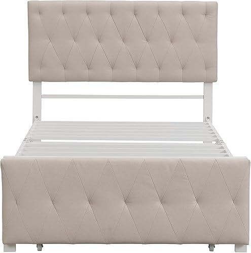 Miniatura 4 de MERITLINE Cama de metal de tamaño matrimonial, base de cama de plataforma con cabecera tapizada y estribo, cama de plataforma con cajón de