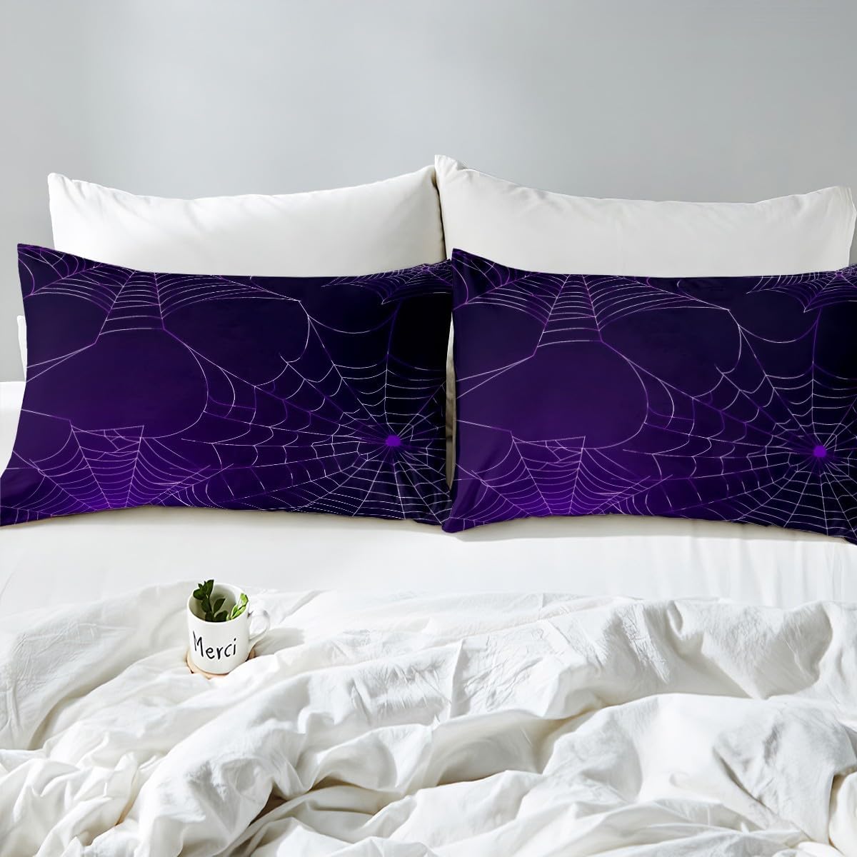 Manfei Spider Web Duvet Cover Set King Size, Halloween Theme Bedding Set for Kids Boys Girls Room Decor, Purple and White Comforter Cover, Soft Polyester Quilt Cover,2 Pillowcases,No Comforter