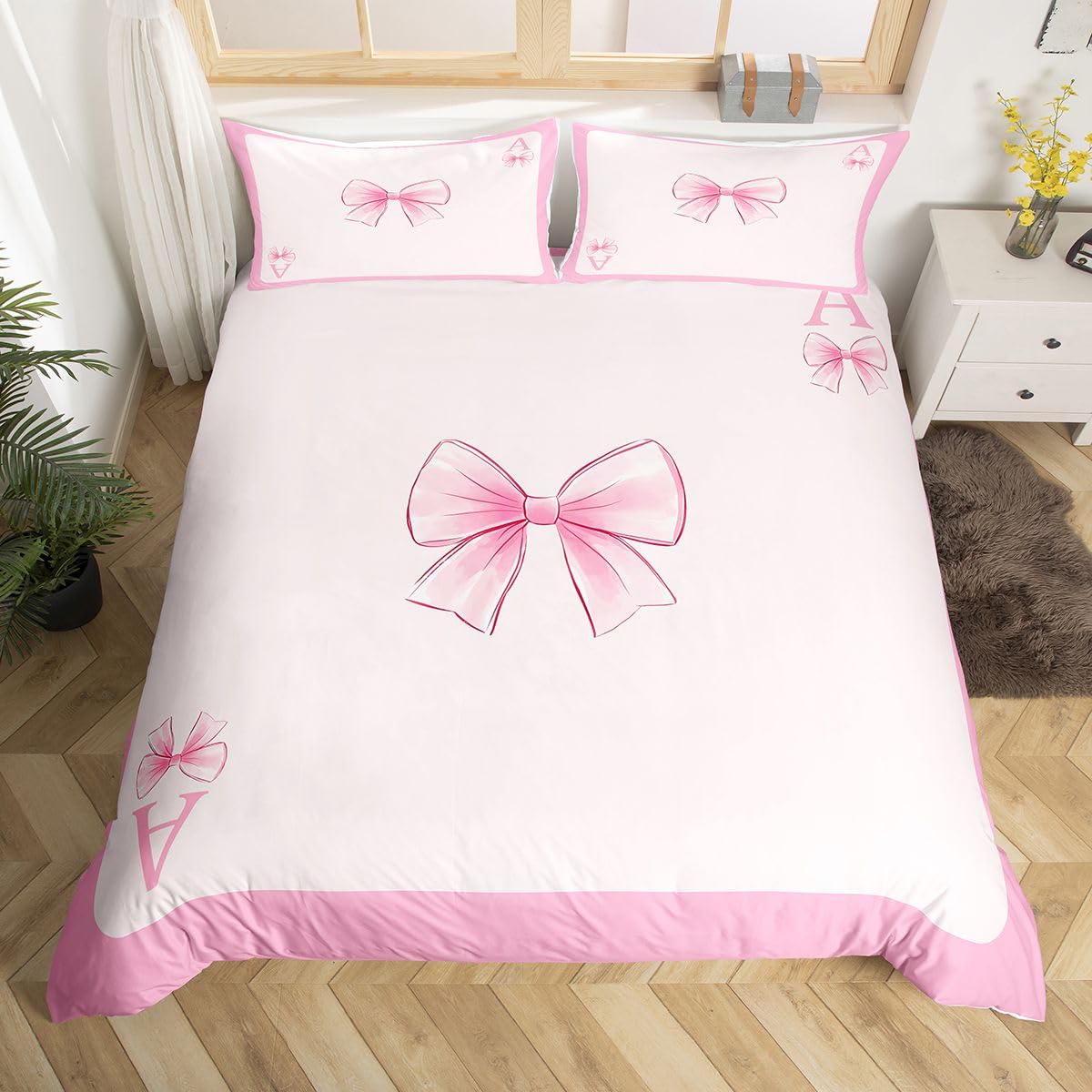 Loussiesd Bowknot Duvet Cover Single Size Personalized Initial A Comforter Cover for Boys Girls Bow Alphabet Bedding Set 2Pcs Bow Room Decor Breathable Soft Lightweight Microfiber