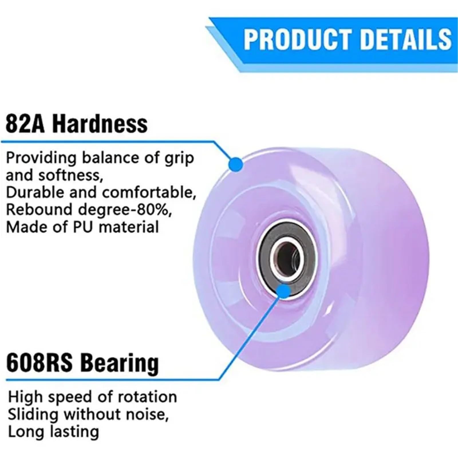 Roues de skateboard Longboard WW-Skate Roues de rechange 32 x 58 mm, 82A avec roulements, 2 bouchons d'orteils, pièces de rechange pour une utilisation en extérieur ou en intérieur