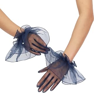 Women's Short Mesh Gloves Ruffled Tulle Tea Party Gloves for Formal Costume Evening Wedding Party