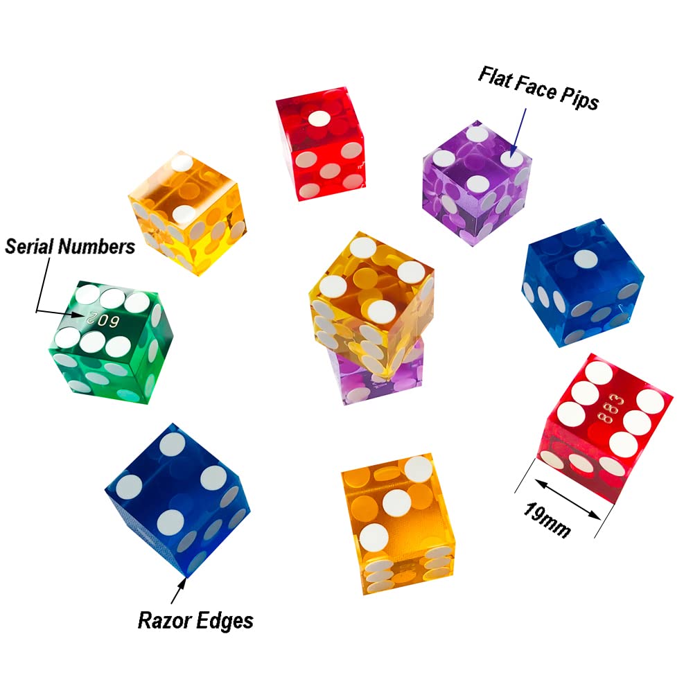Yuanhe - Juego de 25 dados de casino de precisión, grado AAA, 19 mm, numerados en serie, con bordes y esquinas afilados, multicolor.