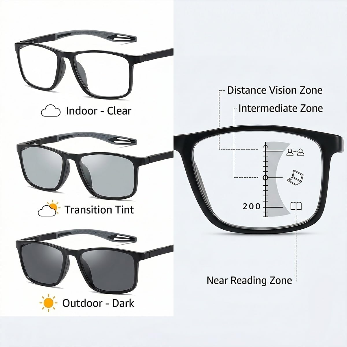 Generisch 3 Pack Gleitsichtbrille Herren TR90 Gleitsicht Lesebrille Progressive Multifokale Brille mit Blaulichtfilter, Leitch Computerbrille Federscharnier, Selbsttönende Lesesonnenbrille