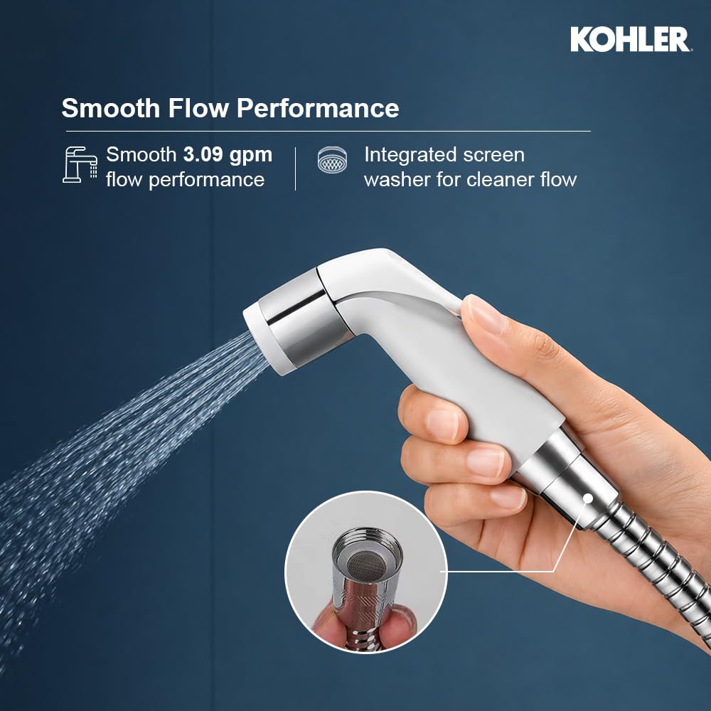 Kohler 12925IN-CP Complementary Health Faucet for Toilet | Ideal Toilet Jet Spray for High Water Pressure | Bathroom Jet Spray with Flexible Metal Hose and Holder, White, 1 M Hose 1