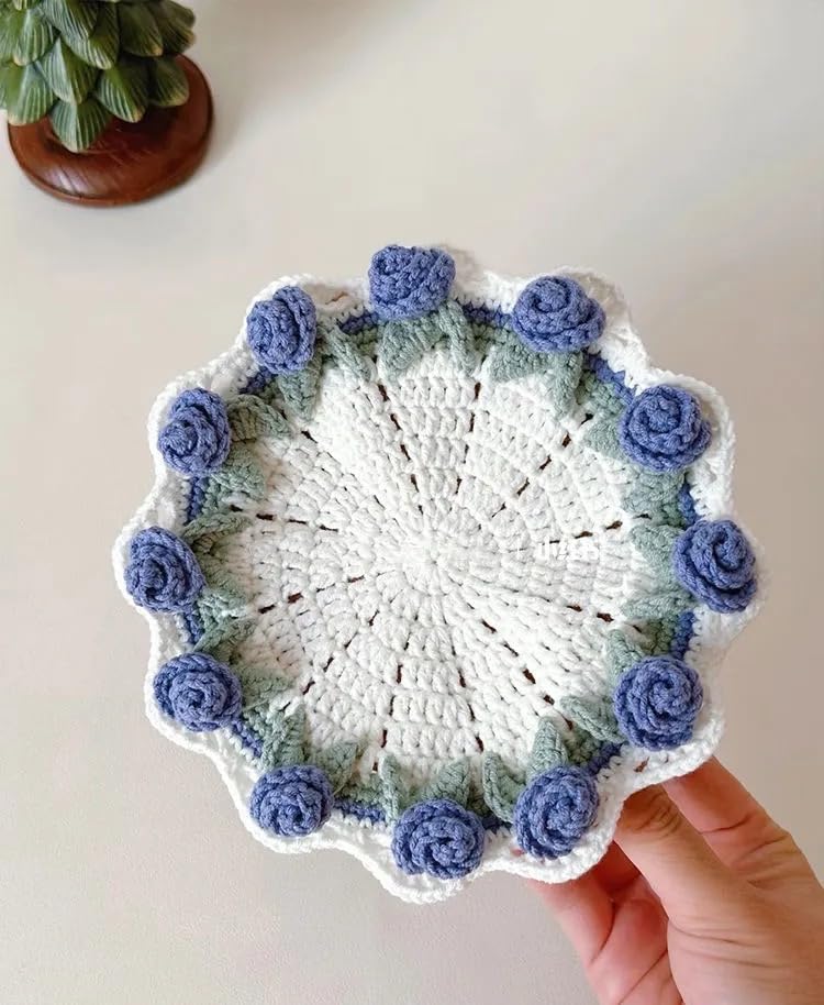Crochet Flower Coasters, Handmade Knitted Flower Placemats, Floral Crochet Coffee Mug Coaster, Classical Style Decorative Drink Coasters for Home Bar Desk Decor, Creative Gifts for Women (D1)
