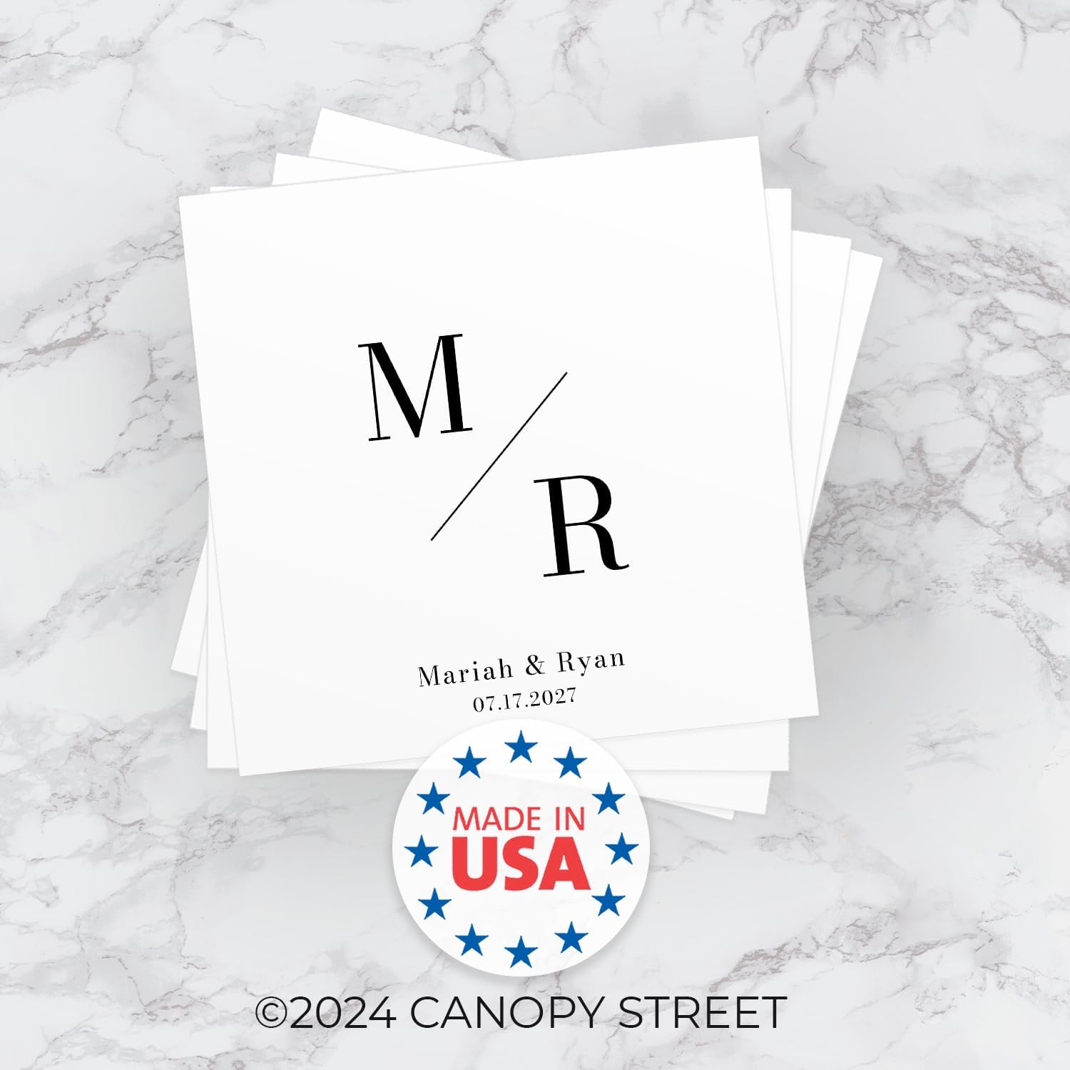 Personalized Monogram Slash Beverage Napkins / 50 Custom Elegant Initials Modern Wedding Napkins / 4 3/4" x 4 3/4" Anniversary Cocktail Napkin/Happy Couple Engagement Party 3 Ply White Bar Napkin