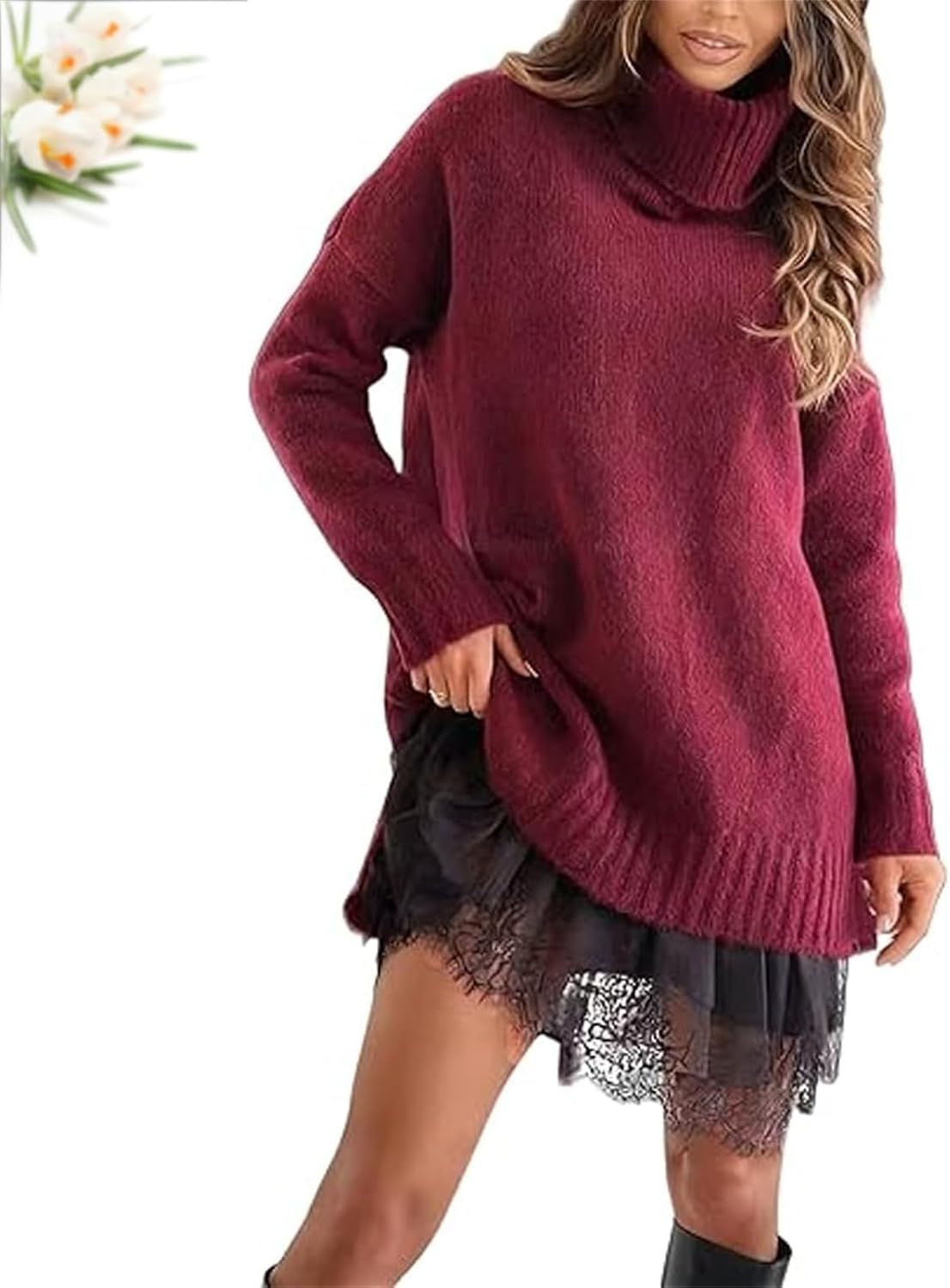 Women's Turtleneck Sweater Mini Dress Set, Turtleneck Sweater Dress Women, Sweaters Dress with lace Trim