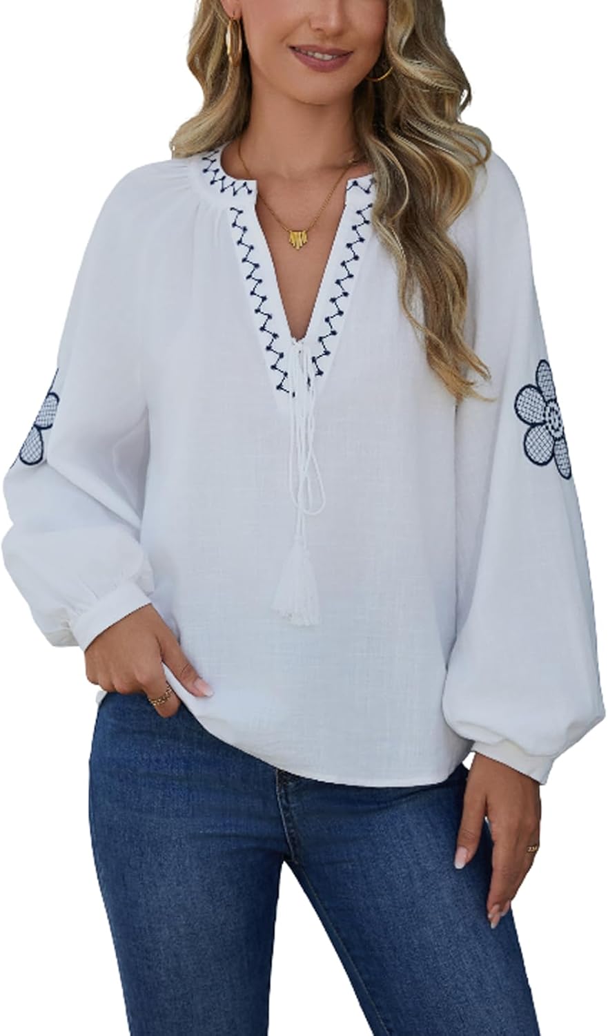 Women‘s Embroidery Cotton Blouses Raglan Long Sleeve V Neck Tie Front Floral Babydoll Tops Boho Chic