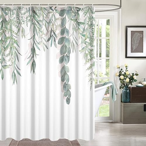 Miniatura 64 de Cortina de ducha verde salvia con eucalipto, cortina de ducha de tela impermeable con hojas de planta de primavera, cortina de ducha acuarela verde