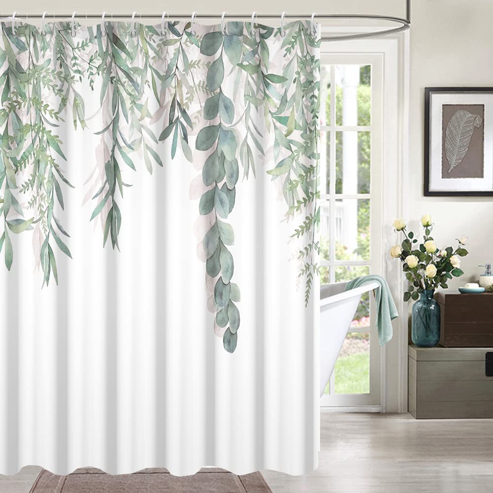 Green Watercolor Plant Shower Curtain - Waterproof, Fabric, 72x72 Inch With Hooks, Bathroom Decor