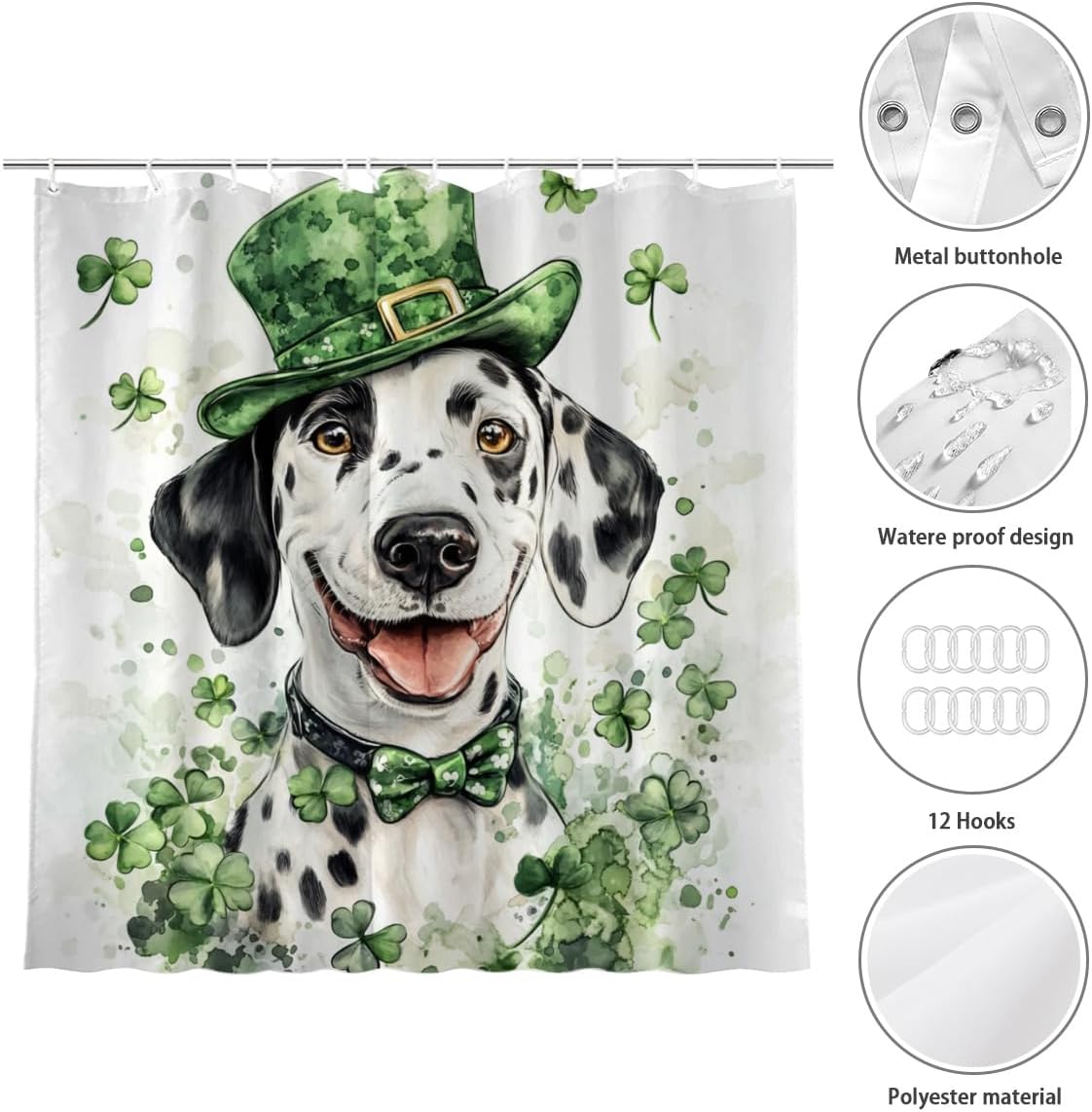 St Patrick's Day Shower Curtain Clover Shamrock Bathroom Curtain Set Dalmatian Shower Curtain Bath Decor Green Shower Curtain with 12 Hooks 72" x 72"