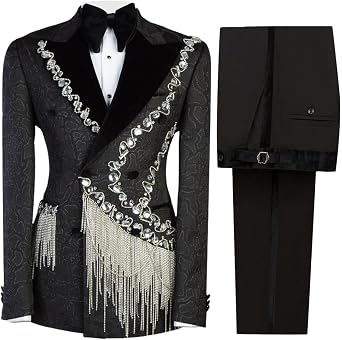 Mens Tuxedo Suits with Rhinestone Shiny Double Breasted Blazer Prom Slim Jacket Pants Set for Wedding,Party,Dinner