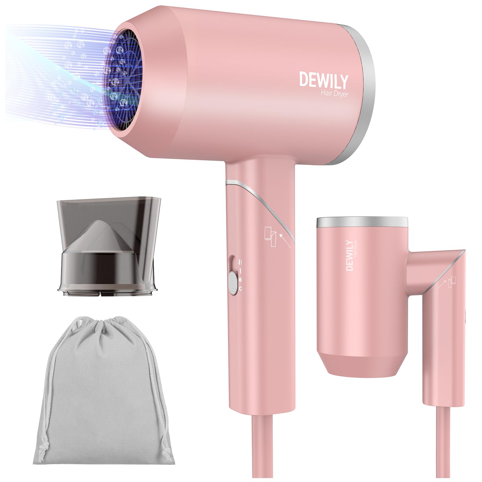 Asciugacapelli Professionali Ionico - Phone Capelli Ioni， 3 temperature，manico pieghevole， 1800W Asciugacapelli， Piccolo asciugacapelli Hair Dryer (Rosa-1 Ugello)